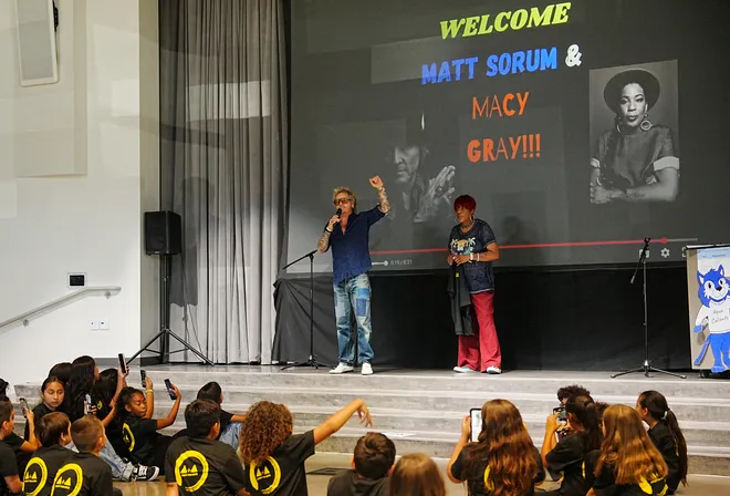 Image showing Macy Gray and Matt Sorum mentor local students during music education workshop
